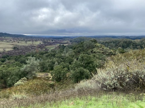 A scenic view of rolling hills covered in greenery under a cloudy sky.