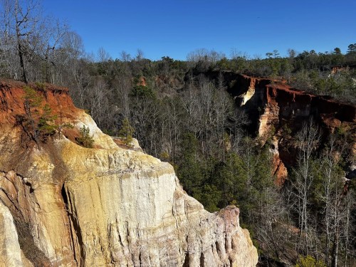 A scenic view of colorful cliffs and trees under a clear blue sky, showcasing natural erosion and geological formations.