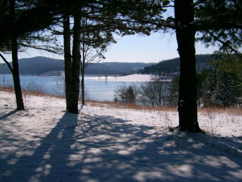 A serene winter landscape featuring a snowy shore, trees, and a calm lake under a clear blue sky.