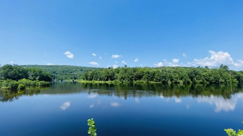 A serene lake surrounded by lush greenery under a clear blue sky with fluffy white clouds.