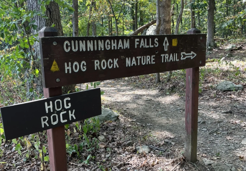 Wooden signpost indicating directions to Cunningham Falls and Hog Rock Nature Trail in a wooded area.