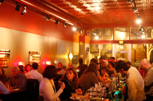 A lively restaurant scene with patrons dining and socializing, warm lighting, and a bar area filled with drinks.