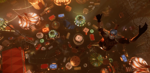 Aerial view of a vibrant carnival scene with colorful tents and attractions, featuring a figure falling through the air.