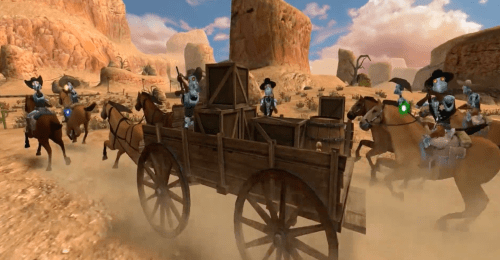 A group of skeleton cowboys rides horses alongside a wooden wagon in a dusty desert landscape.