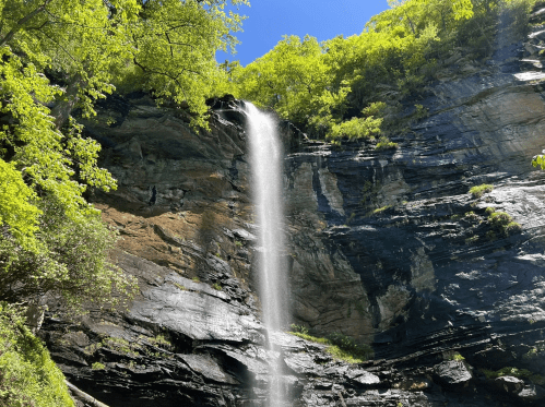 A tall waterfall cascading down rocky cliffs, surrounded by lush green trees under a clear blue sky.