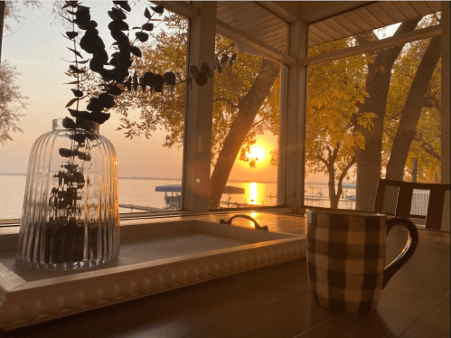 A cozy scene with a vase of greenery, a checkered mug, and a sunset view over the water through a window.