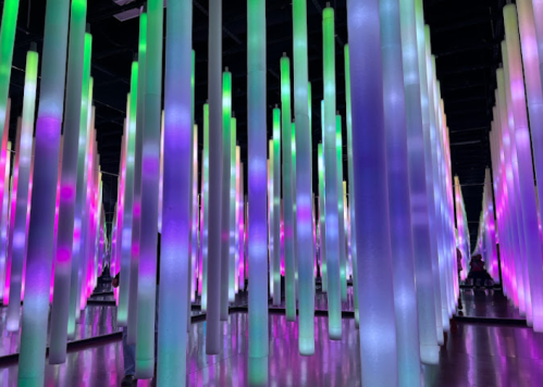 A vibrant installation of tall, illuminated columns in shades of green, purple, and blue, creating a mesmerizing atmosphere.