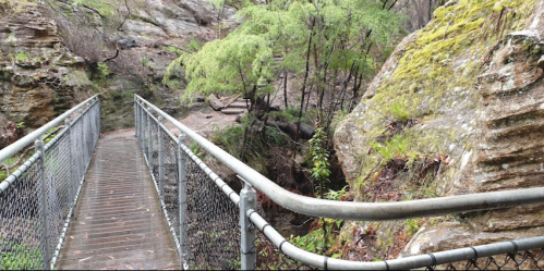 A wooden bridge with metal railings spans a rocky area surrounded by lush greenery and steep cliffs.
