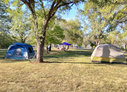 Two tents set up on grassy ground under trees, with a purple canopy and people in the background.