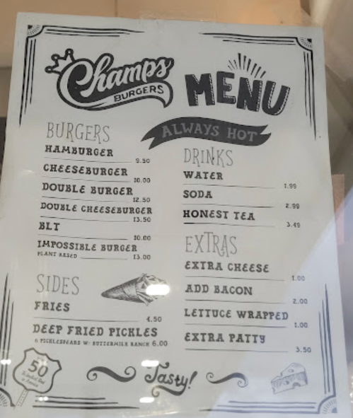 Menu board for Champs Burgers featuring burgers, drinks, sides, and extras with prices listed.