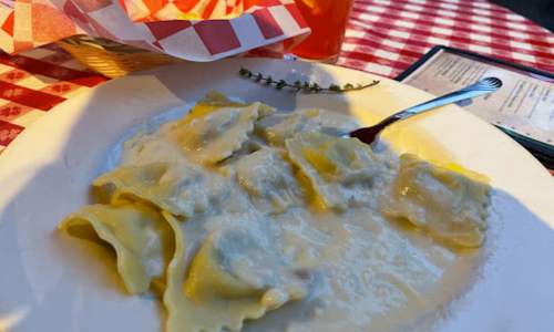 A plate of ravioli in creamy sauce, with a fork resting on the side, set on a checkered tablecloth.