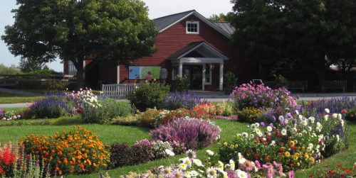 A vibrant garden filled with colorful flowers in front of a red building with a welcoming entrance.