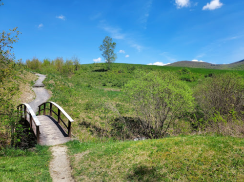 A wooden bridge spans a small path through lush green hills under a bright blue sky with a few clouds.