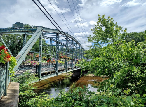 A green metal bridge spans a river, surrounded by lush trees and colorful flower baskets under a cloudy sky.