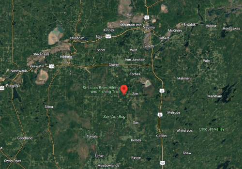 Map showing the St. Louis River Hiking and Fishing Trail in Minnesota, surrounded by forests and small towns.