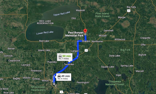 Map showing directions to Paul Bunyan Memorial Park, with estimated travel times from nearby locations.