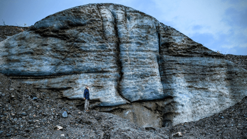 A person stands beside a large, textured glacier rock against a cloudy sky, surrounded by rocky terrain.