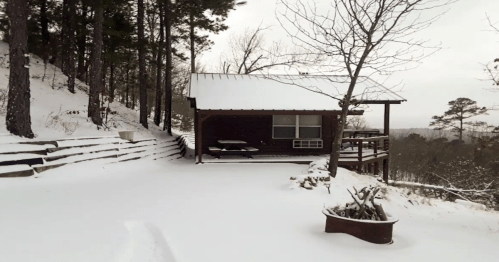 A cozy cabin surrounded by snow-covered trees and a snowy landscape, with a porch and steps leading up to it.