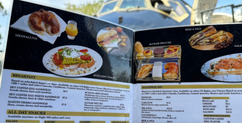 Menu page featuring breakfast items like avocado toast and sandwiches, with a backdrop of an airplane.