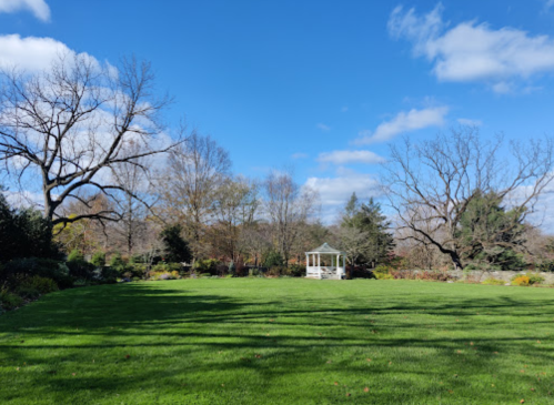 A spacious green lawn with a gazebo under a bright blue sky and scattered clouds, surrounded by bare trees.