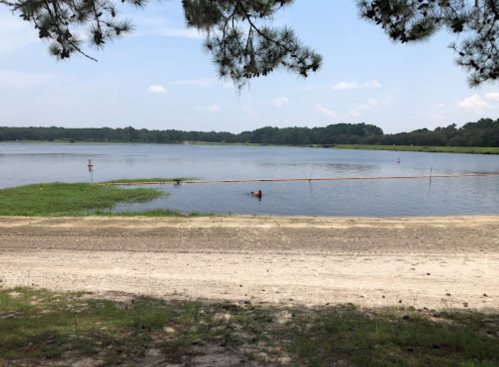 A serene lake surrounded by greenery, with a sandy path in the foreground and a clear blue sky above.