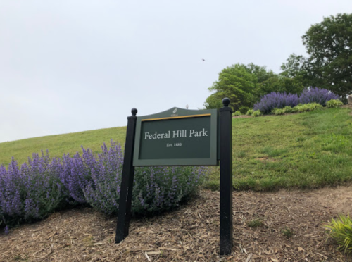 Sign for Federal Hill Park, established in 1890, with green grass and purple flowers in the background.