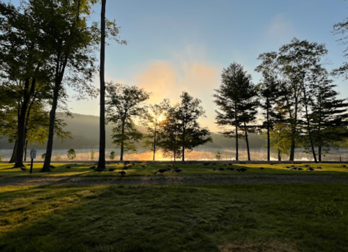 Sunrise over a tranquil lake, framed by trees, with mist rising and a peaceful atmosphere.
