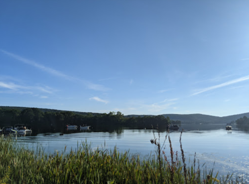 A serene lake scene with boats, surrounded by lush greenery and a clear blue sky.