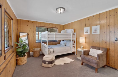 Cozy bedroom with wood paneling, bunk bed, armchair, lamp, and decorative plants. Natural light from windows.