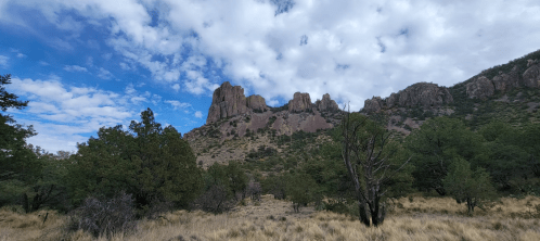 A scenic view of rocky cliffs under a partly cloudy sky, surrounded by green trees and dry grassland.