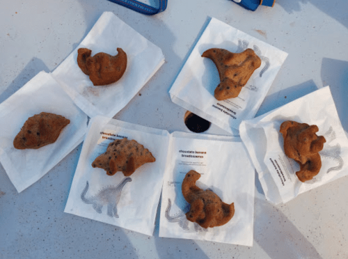 A collection of dinosaur-shaped cookies on paper napkins, arranged on a table.