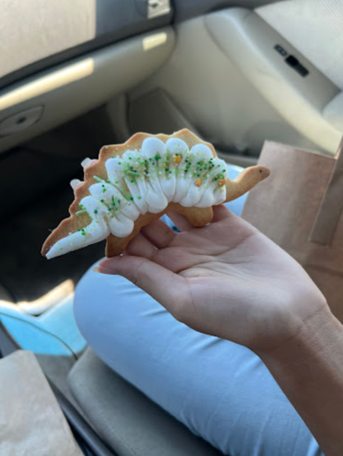 A hand holding a dinosaur-shaped cookie decorated with white icing and green sprinkles, inside a car.
