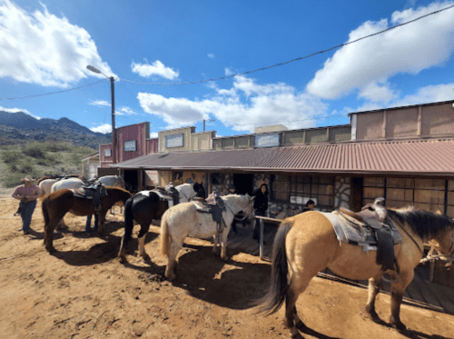 A group of horses with riders near a rustic building in a western-style setting under a blue sky with clouds.
