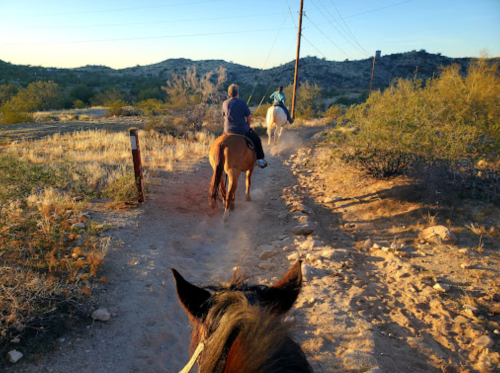 Two riders on horseback trail along a dusty path in a desert landscape during sunset.