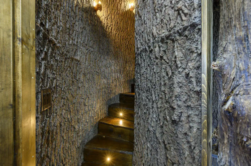 A narrow staircase with wooden steps, surrounded by textured bark-like walls and warm lighting fixtures.
