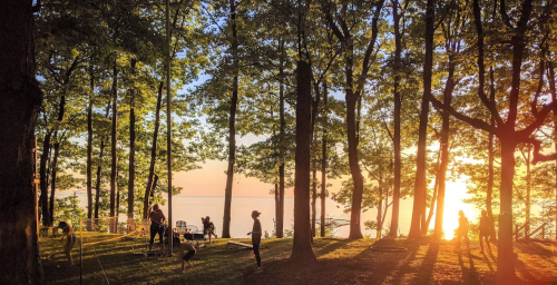 Silhouettes of people playing in a forest at sunset, with a lake visible in the background through the trees.