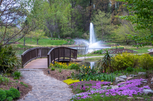 A serene park scene featuring a wooden bridge, colorful flowers, and a fountain in the background.