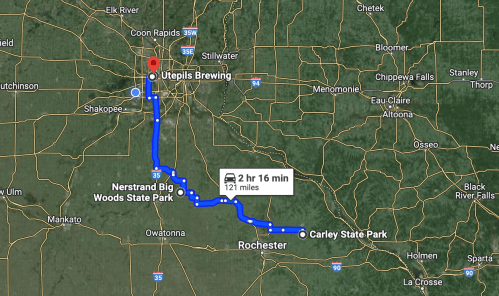 Map showing a route from Utepils Brewing to Carley State Park, passing through Nerstrand Big Woods State Park and Rochester.