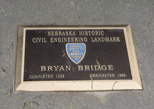 Plaque marking the Bryan Bridge as a Nebraska Historic Civil Engineering Landmark, completed in 1932 and designated in 1995.