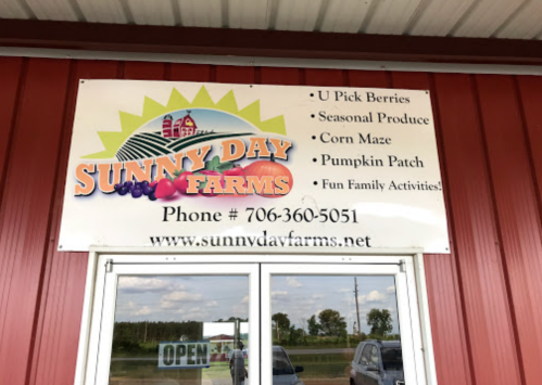 Sign for Sunny Day Farms featuring U-pick berries, seasonal produce, corn maze, pumpkin patch, and family activities.
