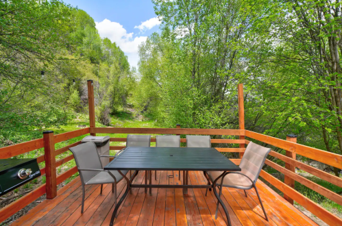 A wooden deck with a black table and chairs, surrounded by lush greenery and trees under a blue sky.