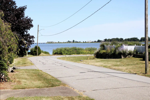 A quiet road leads to a serene waterfront, with greenery and distant buildings under a clear blue sky.