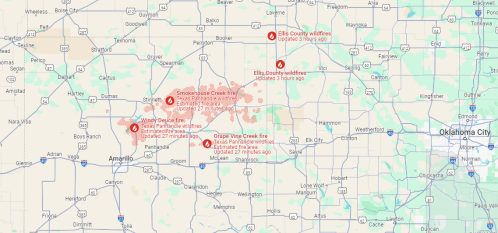 Map showing wildfire locations and updates in Ellis County, Texas, with highlighted areas affected by recent fires.