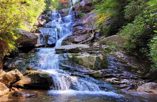 A serene waterfall cascading over rocky terrain, surrounded by lush greenery and autumn-colored leaves.