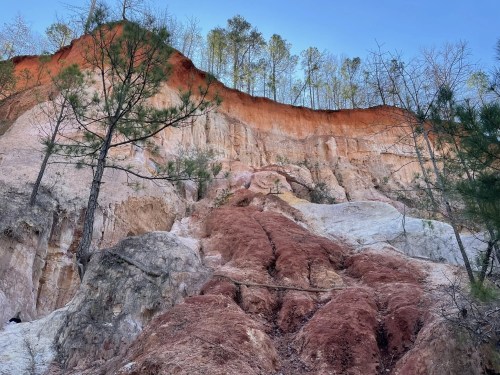 A colorful rock formation with layers of red, pink, and white, topped by sparse trees against a clear blue sky.