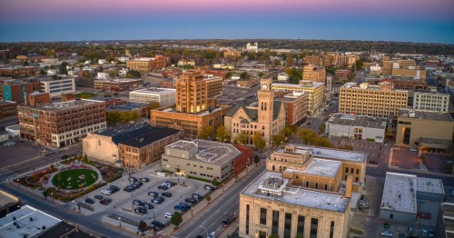An aerial view of downtown Sioux City, Iowa, at sunset.