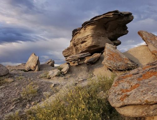 A rocky landscape with layered stone formations and scattered vegetation under a cloudy sky.