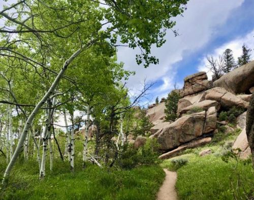 A winding path through lush greenery and aspen trees, leading to rocky outcrops under a partly cloudy sky.