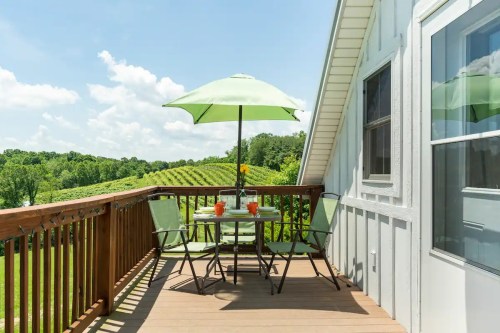 A sunny balcony with a green umbrella, table, and chairs overlooking a vineyard and lush landscape.