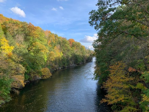 A serene river flows through a forest with vibrant autumn foliage under a clear blue sky.